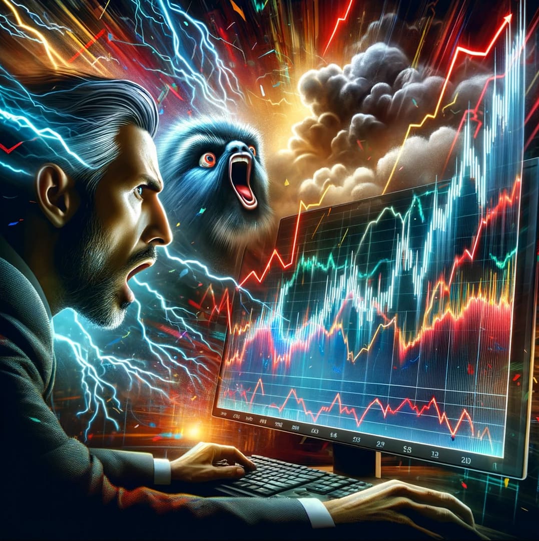The provided image vividly captures the fear of volatility in trading, portraying the intensity and unpredictability of high volatility market conditions and their impact on traders.