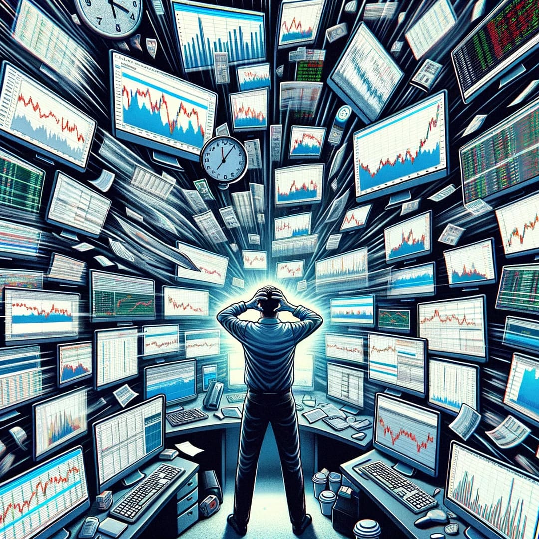 The image effectively conveys the fear of overtrading in the trading environment, illustrating the stress and chaos associated with managing an excessive number of trades.