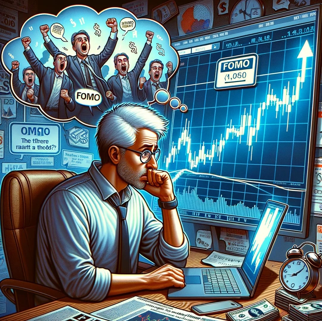 Here's an illustration that vividly captures the Fear of Missing Out (FOMO) in trading, portraying a trader enveloped in the urgency and anxiety of not participating in a profitable market move.
