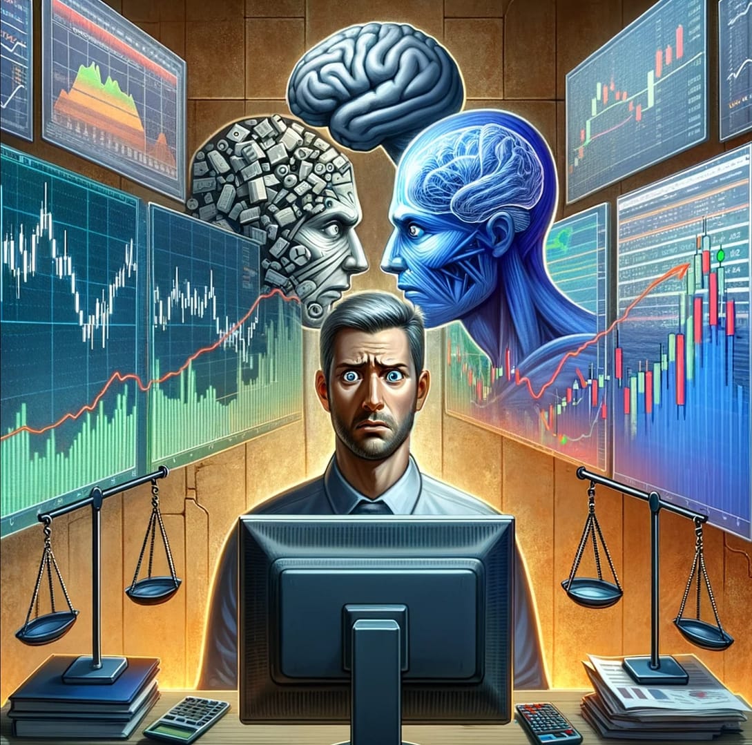 The image provides a visual representation of the fear of being wrong in trading, depicting a trader engulfed in the internal struggle between logical analysis and emotional responses.