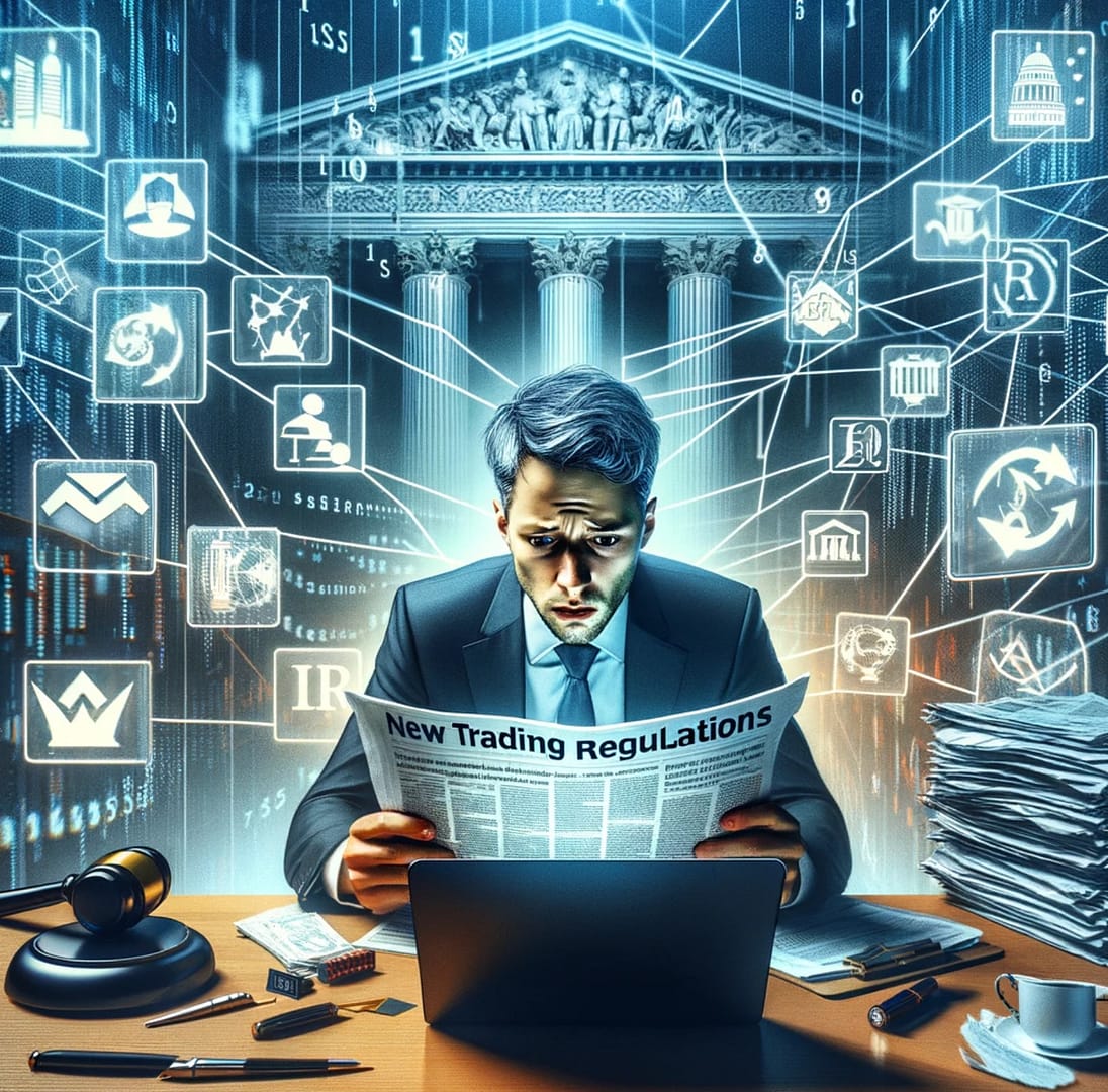 The image effectively portrays the fear of regulatory changes in trading, emphasizing the trader's concern and the complexity of adapting to new regulations in the trading environment.