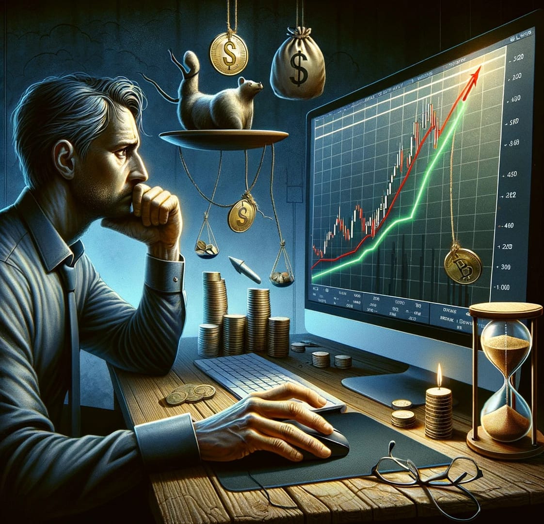 This illustration portrays the fear of letting a profit turn into a loss in trading, capturing the trader's tension and the emotional dilemma faced in such situations.