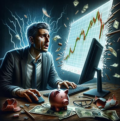 The image poignantly depicts the fear of ruin in trading, capturing the tension and worry associated with the risk of losing one's entire trading capital.