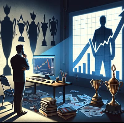 The image effectively visualizes the fear of success in trading, highlighting the internal conflict and apprehension faced by traders when confronted with the prospect of success and its accompanying pressures.