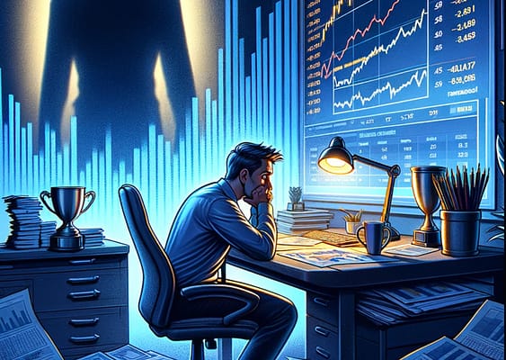 The image poignantly captures the fear of underperformance in trading, emphasizing the stress and concern over meeting expectations and achieving high performance.