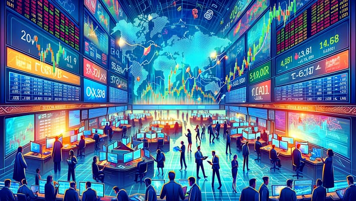 The image above visually encapsulates the dynamic and multifaceted nature of the stock market. It's designed to complement the blog post, providing a visual representation of a stock exchange floor bustling with activity, digital screens showing stock information, and a backdrop symbolizing the global impact of stock markets. This illustration serves as an engaging visual aid for readers new to the concept of stock trading.
