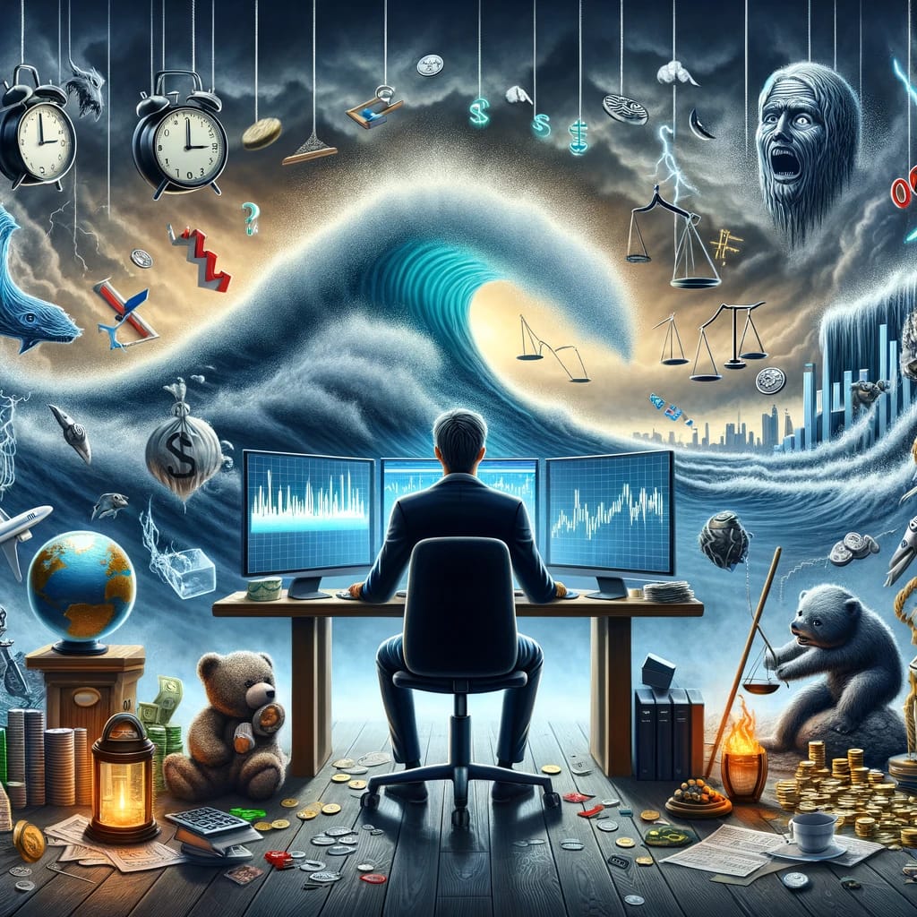 Here is a conceptual image depicting the various fears faced by forex traders. The scene includes symbolic representations of these fears, surrounding a trader who is intently focused on forex market charts. Each symbol in the image reflects a different psychological challenge associated with forex trading.